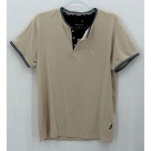 Stone Falcon Shirt Mens Large Tan Henley Short Sleeve Stretch Casual Preppy